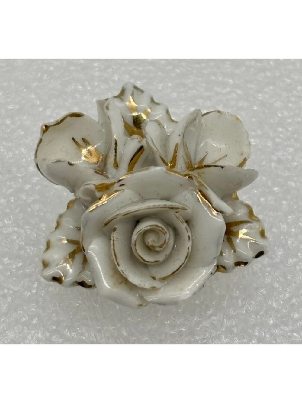Vintage Japan Porcelain White and Gilt Edged Rose Brooch Hand Painted, Unbranded